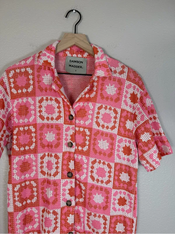 Damson Madder Bessie Wave Crochet Short Sleeve Co-ord Shirt Pink Orange 6 $136 - Image 8