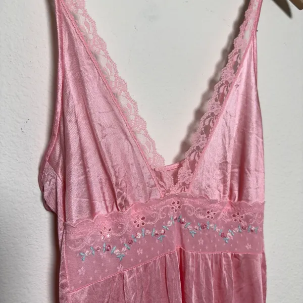 VTG Women Fairy Babydoll Slip Dress Pink Lace Floral Embroidered Satin Maxi - Image 4