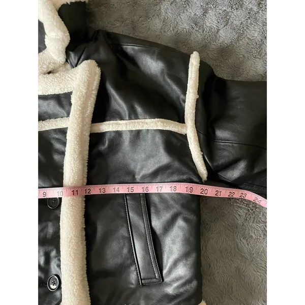 Hollister Cropped Moto Jacket S Black Vegan Leather Faux Fur Sherpa Lined Y2K - Image 15