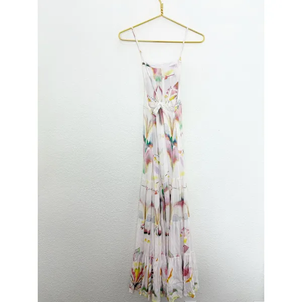 Free People Sounds Of Spring Maxi Dress Size 6 Ivory Watercolor Bib Overall - Image 13
