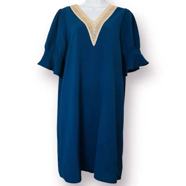Wkior Shift Dress V Neck Short Ruffle Sleeves Casual Flowy Blue Tan Beach Sexy - Image 2