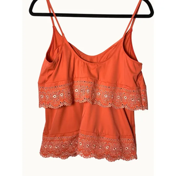 Women’s Tankini Swim Top Coral Pink Eyelet Lace Ruffle Padded Strappy 14” - Image 4