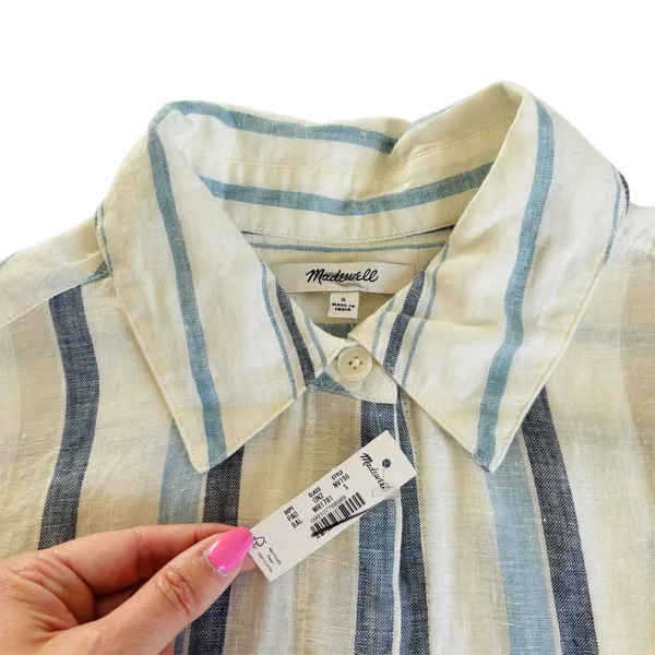 Madewell Linen Easy Y-Neck Button Up Shirt in Blue Mixed Stripe Women’s Small - Image 3