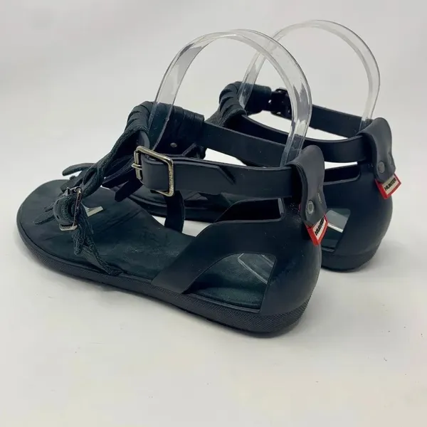 Hunter Original‎ Fringe T-Bar Leather Sandals Black - Image 9