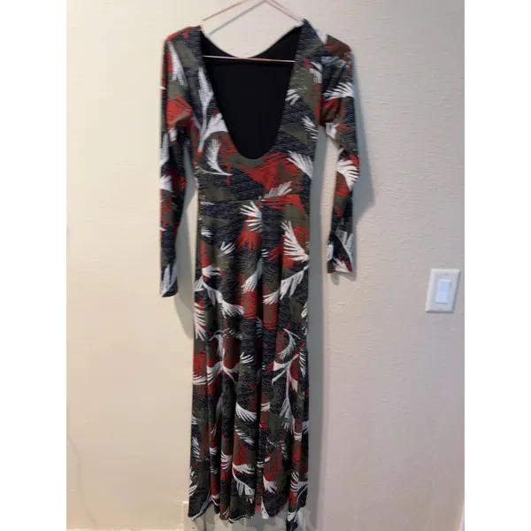Pia Colors Maxi Dress S Multicolor Tropical Leaf Print Open Back Long Sleeve - Image 4