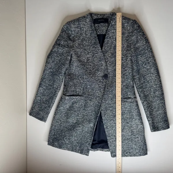 Zara Basic Collection Textured Knit Tweed Blazer Jacket‎ Medium Blue Office Chic - Image 8