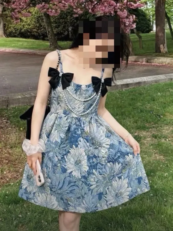 Girls Blue Floral Party Dress with Pearl Straps - Image 2