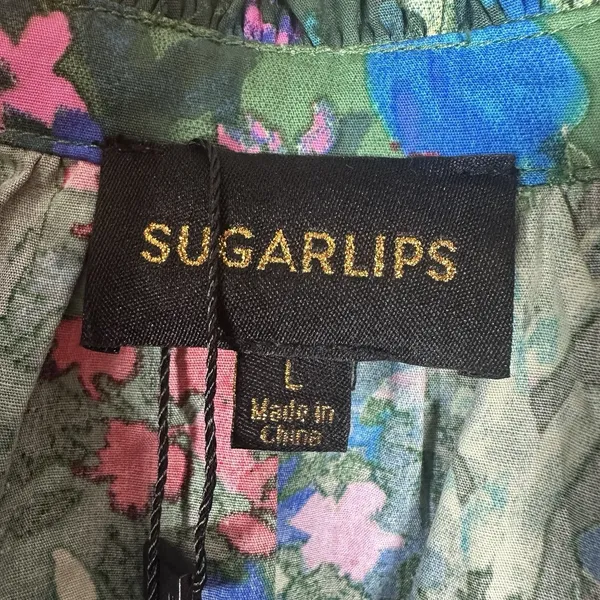 NEW Sugarlips Green Red Floral A-Line Dress Size Large Puff Sleeve V-Neck Cotton - Image 4