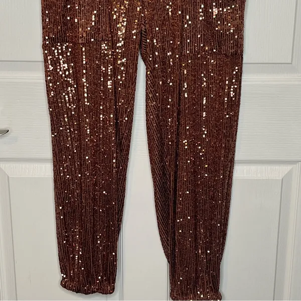 Free People Morelia Bronze Sequin Jogger Pants Sz M Shiny Sparkly Party Festival - Image 7