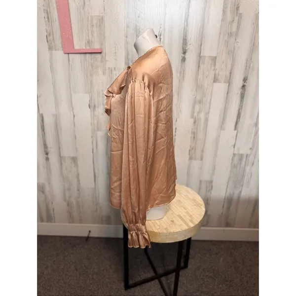 SHEIN Champagne Gold Satin Ruffle Blouse Womens Size Large L Long Balloon Sleeve - Image 6