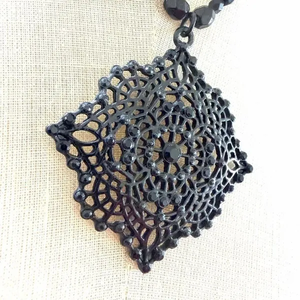Avon Vintage Black Filigree Statement Necklace Gothic Lace Pendant - Image 4