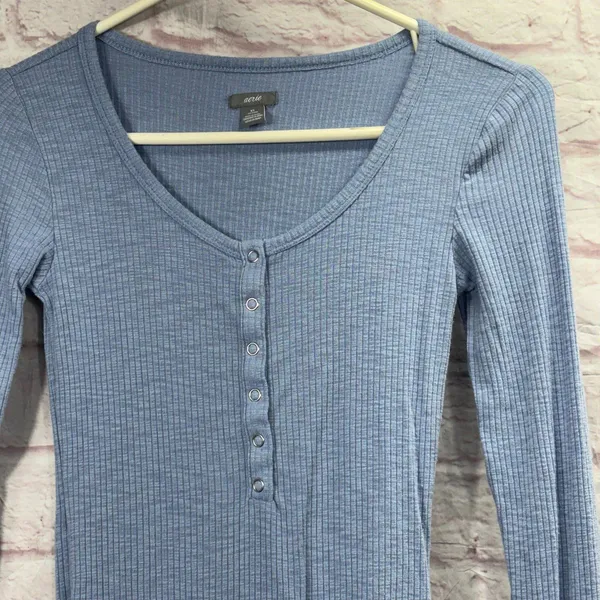 Aerie Ribbed Long Sleeve Bodysuit in Light Blue Size XS - Image 4