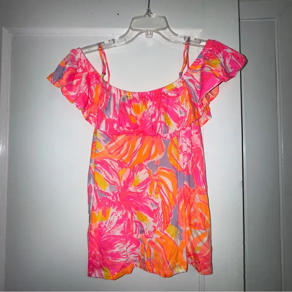 Lilly Pulitzer Pink and Orange Flutter Sleeve Ruffled Blouse - Image 2
