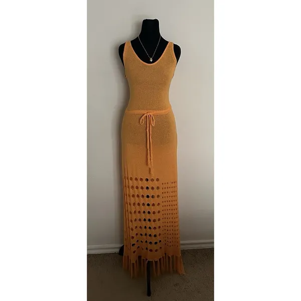 Vici Caliana Tassel Cover-Up Maxi Dress Size L Orange Boho Style Sleeveless EUC - Image 2