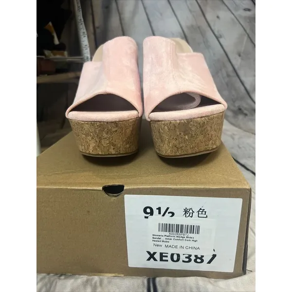 LAICIGO Wedge Platform Slide on Sandals Open Toe Cork Faux Suede Womens 9.5 New - Image 5