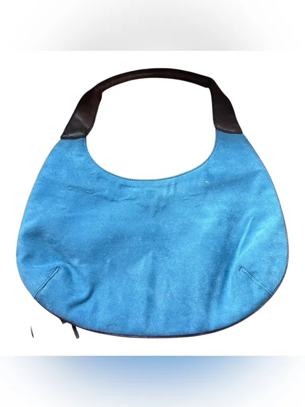 NWT Vintage Y2K Blue Suede Hobo Bag with Brown Fringe Floral Accents - Image 2