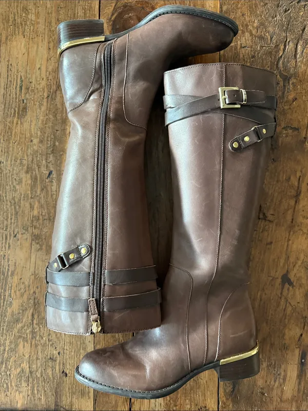 Franco Sarto Brown Leather Gold Hardware Celeste Riding Boots Size 5.5 - Image 2