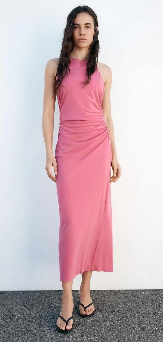 Dress halter Pink Ruched Open Back Maxi Long Wedding Party Coctail - Image 5