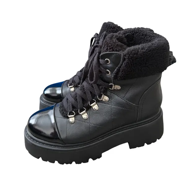 Steve Madden Black Leather Platform Combat Boots Shearling Trim Lug Sole Size 8 - Image 3