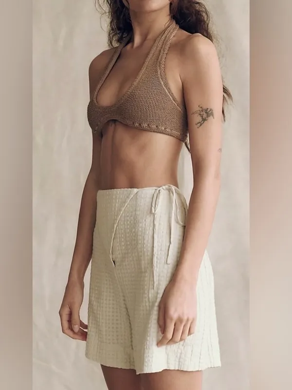 Free People Free-Est Pucker Oatmeal Check Cotton Tie Front Shorts - Size S - Image 2