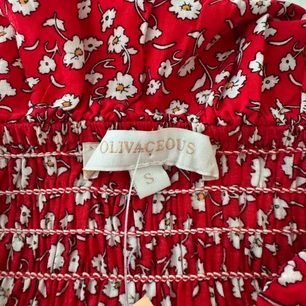 OLIVACEOUS Red Floral Smocked Mini Dress – Size S - Image 3