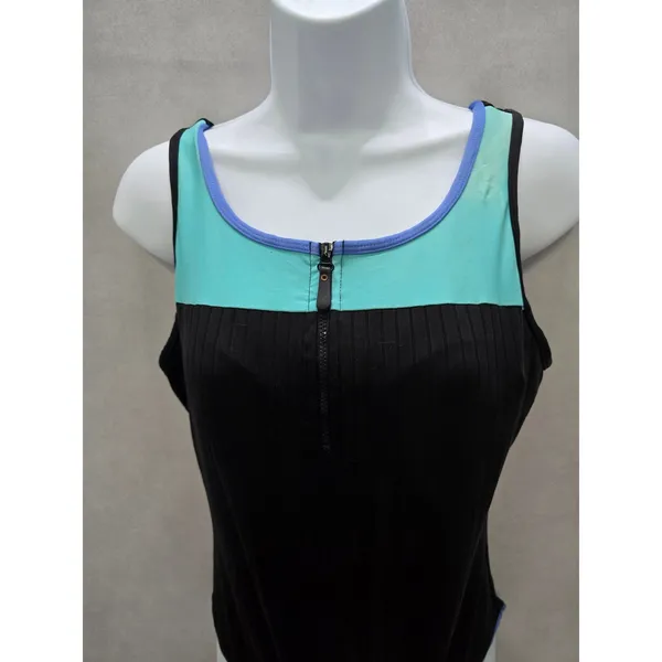 Black One Piece Swimsuit Quarter Zip 90s Vintage Resort Beach Goth Ribbed Large - Image 3