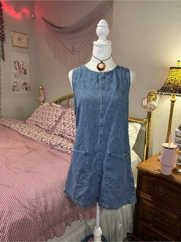 Vintage Sleeveless Blue Denim Pocket Shift Dress - Image 10
