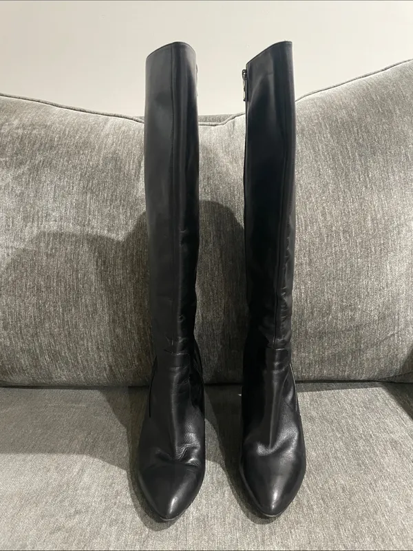 Via Spiga Black Leather Knee-High Pointed Toe Boots Size 8 - Image 4