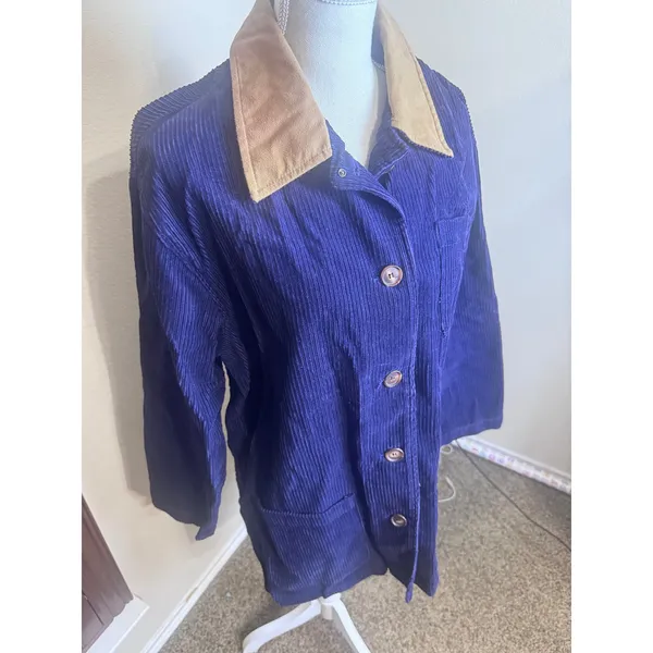 Karen Scott Vintage Corduroy Barn Jacket Navy blue Tan Suede Collar Chore Coat M - Image 2