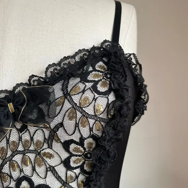 Midnight Hour 90s Vintage Dark Fairy Lace Black & Gold Bodysuit With Sheer Flouncy Tutu Size M - Image 4