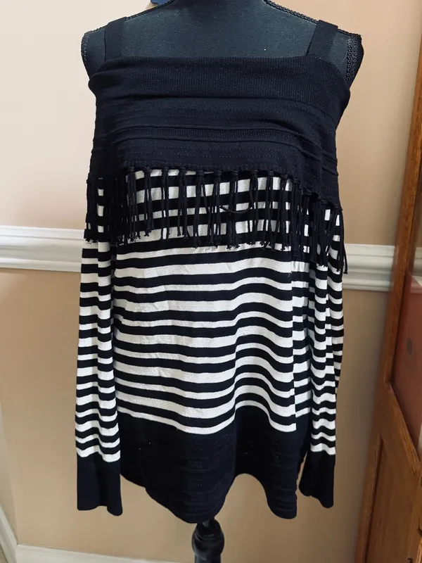 White House Black Market Black and White Striped Fringe Knit Top - Image 2