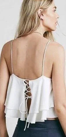 Free People Tropical Wave Cream Lace Back Crop Tank Top - M - Image 2