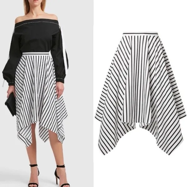 Adam Lippes Stripe Asymmetrical A-line Handkerchief Hem Midi Black Skirt sz 6 - Image 4