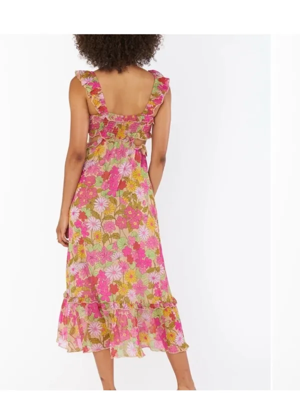 Show Me Your MuMu Pink, Yellow & Green Floral Ruffle Midi Dress - Image 11
