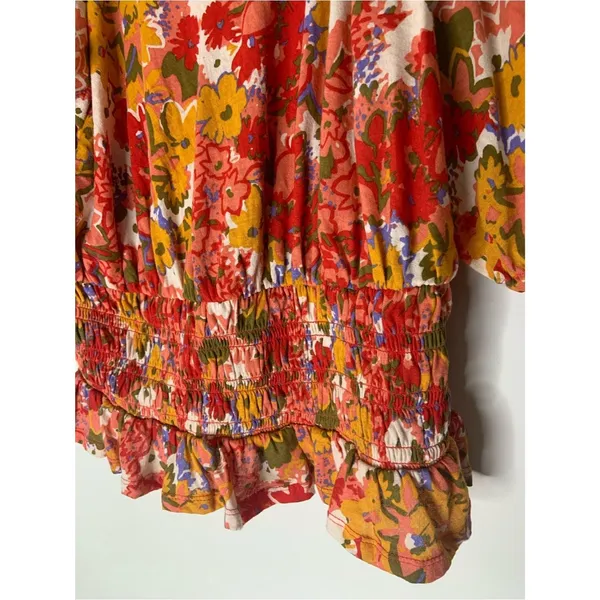 LOFT Red Multi Floral Cotton Puff Sleeve Smocked Waist Blouse S Spring - Image 3