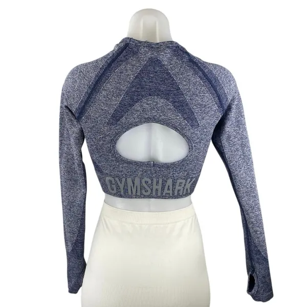 Gymshark Flex Sport Navy Marled Blue Long Sleeve Yoga Athletic Crop Top Size S - Image 4