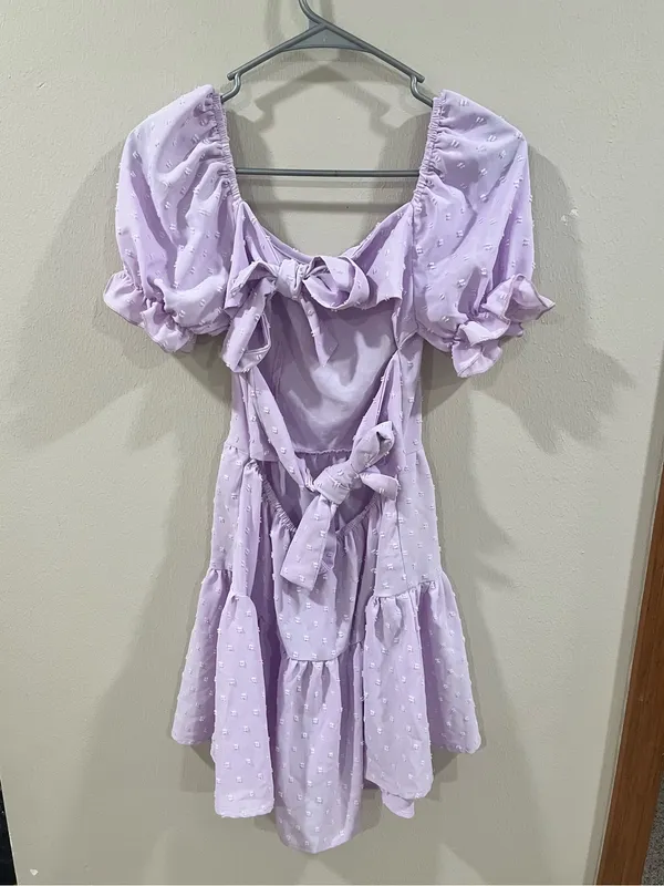 SHEIN Lilac Purple Swiss Dot Tie-Back Puff Sleeve Mini Dress Size XS - Image 2