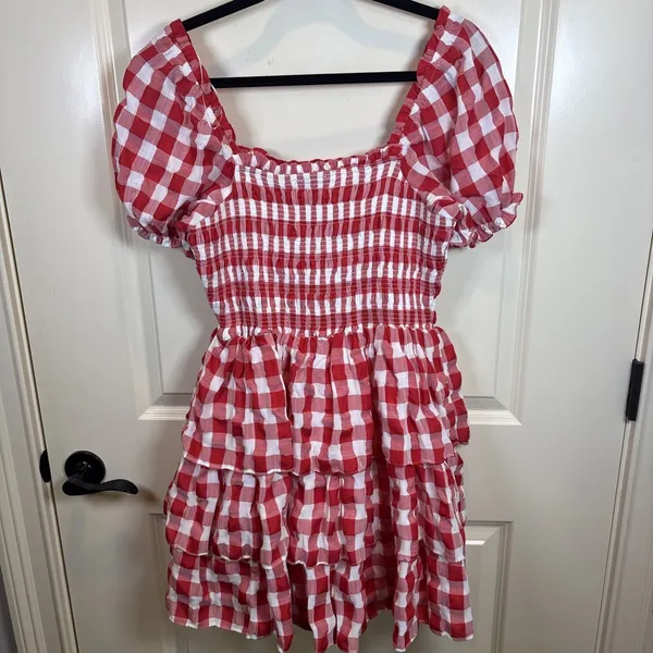 English Factory |Tuckernuck Gingham Puff Sleeve Tiered‎ Dress Medium Tomato Girl - Image 9