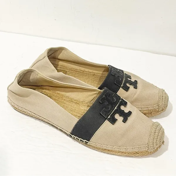 Tory Burch Size 6 Weston Canvas Flat Espadrille Black Slip‎ On Shoes - Image 4