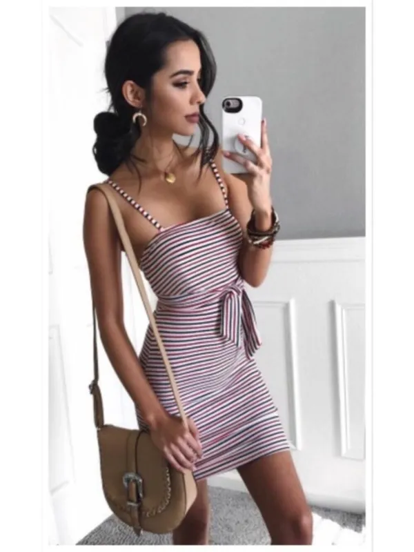 Striped Bodycon Mini Dress Spaghetti Strap Tie Waist Large NWT - Image 5