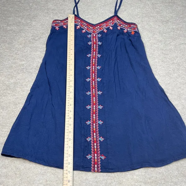 Braeve‎ Navy Blue Embroidered Boho Mini Dress Womens Medium Smocked Back - Image 4