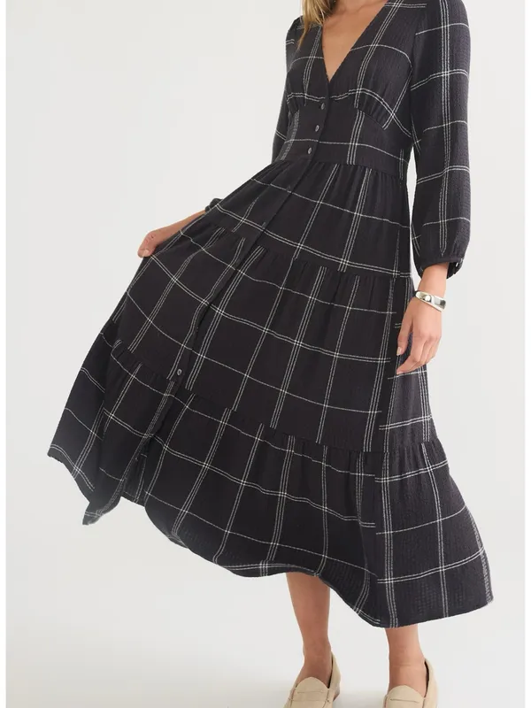 Marine Layer Maeve Plaid Long Sleeve Tiered Maxi Dress Size Large - Image 2