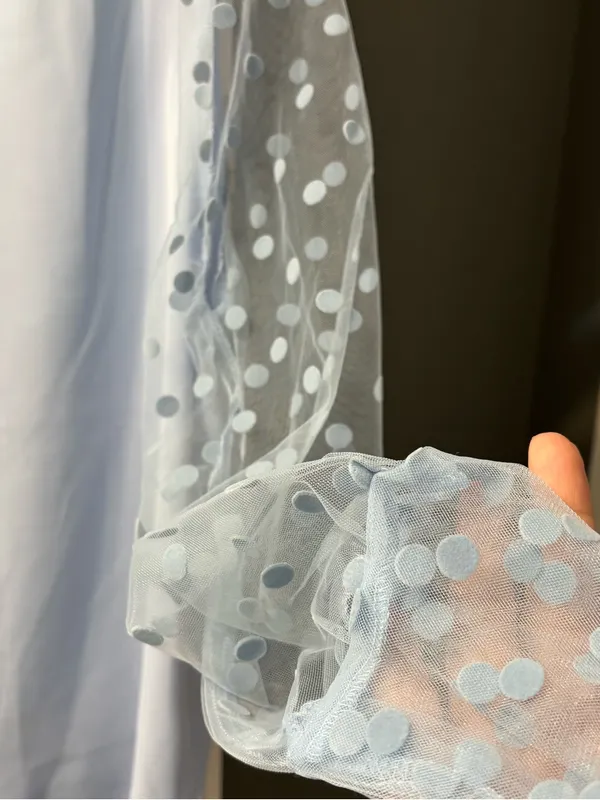 Women’s Light Blue Sheer Polka-Dot Sleeve Blouse Size S NWOT Chic Office Wedding - Image 8