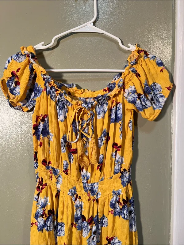 Womens Off Shoulder Mini Dress Yellow Burgundy Blue Floral Smocked Elastic Waist - Image 2