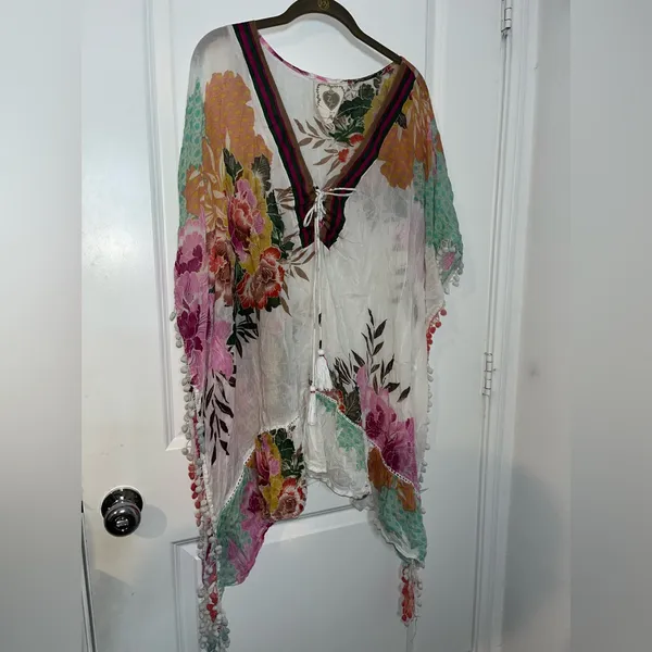 Z&L Europe Floral Textured Pom-Pom Open Front Pattern Airy Caftan Cover Up Sz L - Image 6