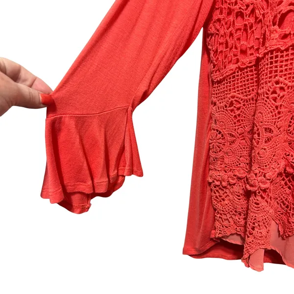 Live and Let Live Womens Crochet Tunic XL Coral Boho Cottage Lace‎ Chiffon Indie - Image 5