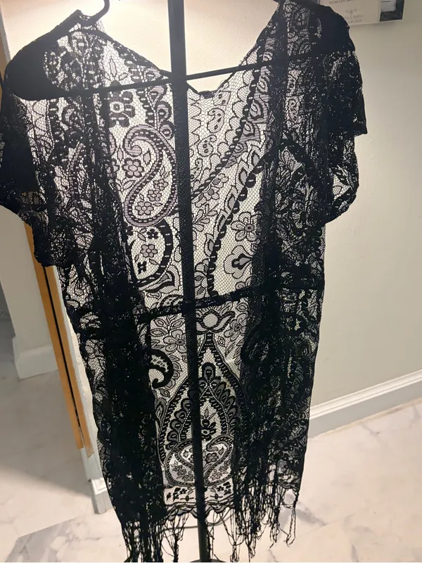 Black Lace Fringe Mini Dress Cover-Up - Image 7
