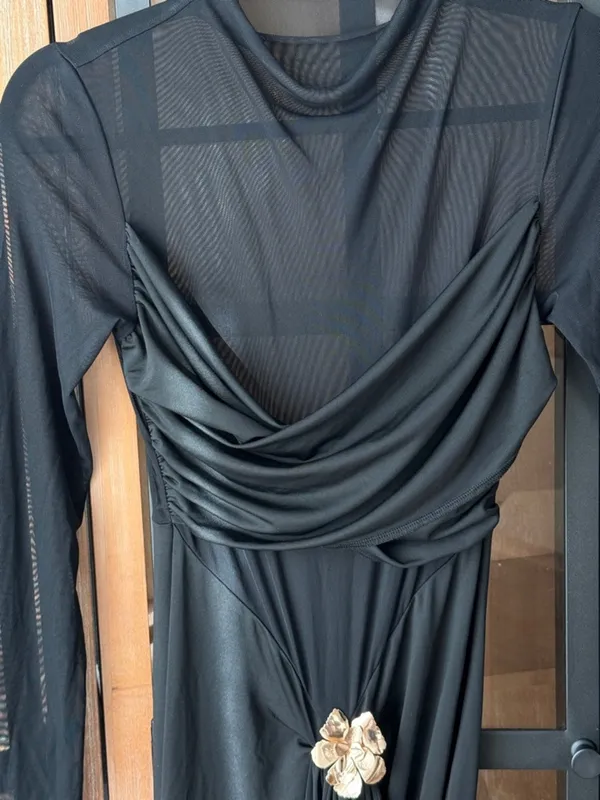 Meshki long sleeve mesh maxi dress brooch ruched embellished slip flower gold mock - Image 4