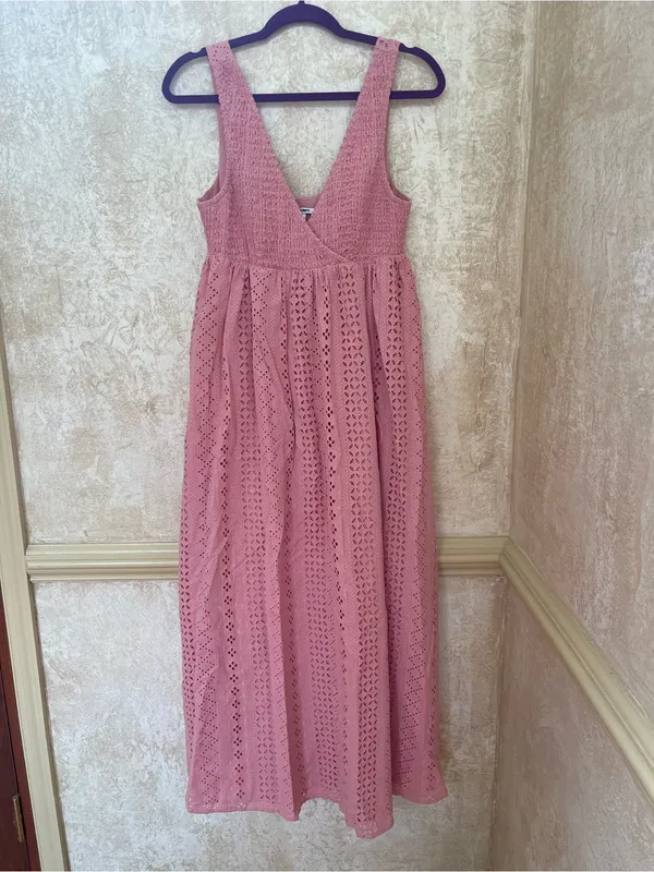 Maison Amory Maternity Sleeveless Eyelet Maxi Dress Pink Cotton Crocheted Sz S - Image 5