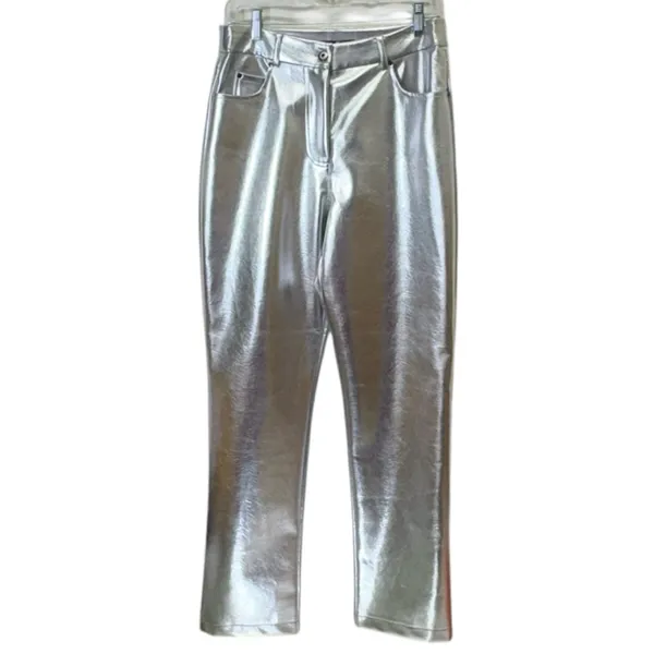 7 For All Mankind Silver Metallic Coated Straight‎ Leg Pants Size Medium NWT - Image 3